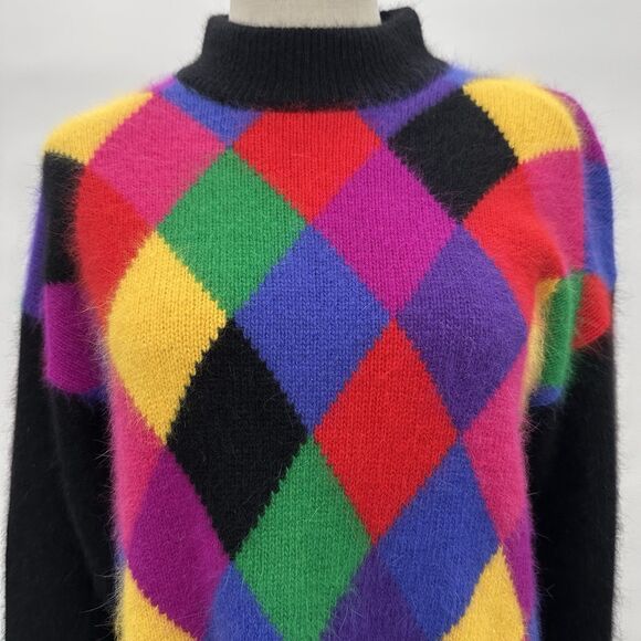 VTG 80s/90s Argyle Sweater Lambs Wool Angora Womens L Milagro Harlequin Colorful - Picture 1 of 8
